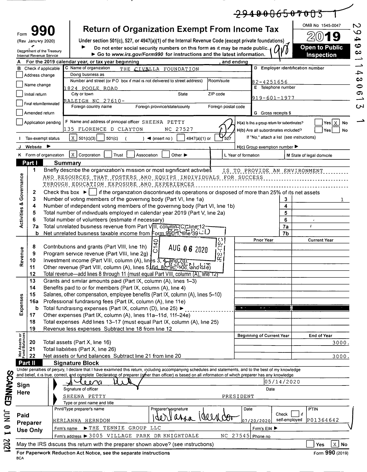 Image of first page of 2019 Form 990 for Civella Foundation