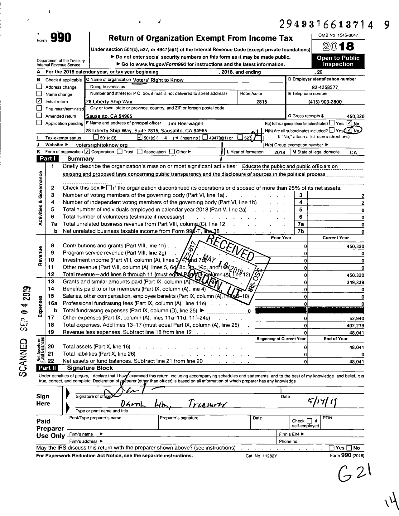 Image of first page of 2018 Form 990O for Voters' Right to Know