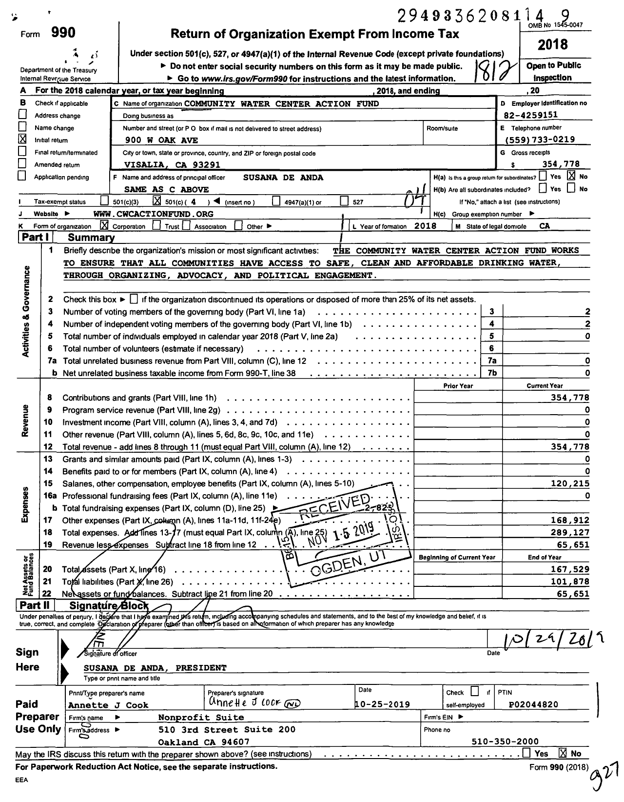 Image of first page of 2018 Form 990O for Community Water Center Action Fund