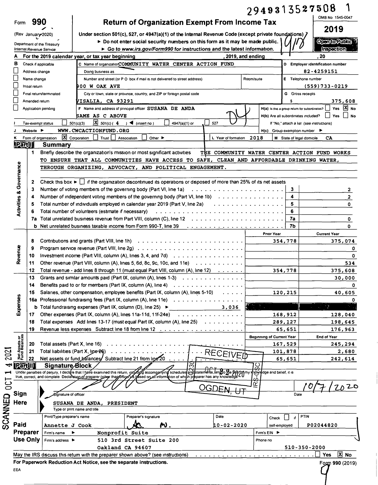 Image of first page of 2019 Form 990O for Community Water Center Action Fund