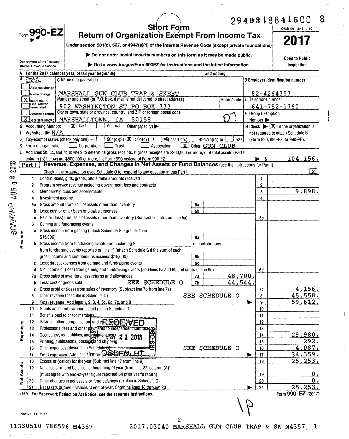 Image of first page of 2017 Form 990EO for Marshall Gun Club Trap and Skeet