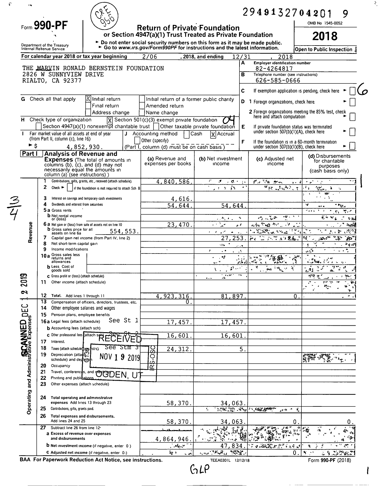 Image of first page of 2018 Form 990PF for The Marvin Ronald Bernstein Foundation