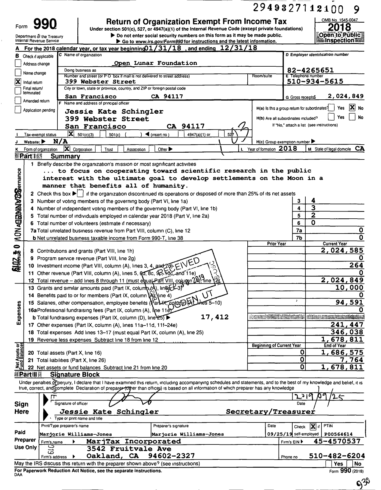 Image of first page of 2018 Form 990 for Open Lunar Foundation