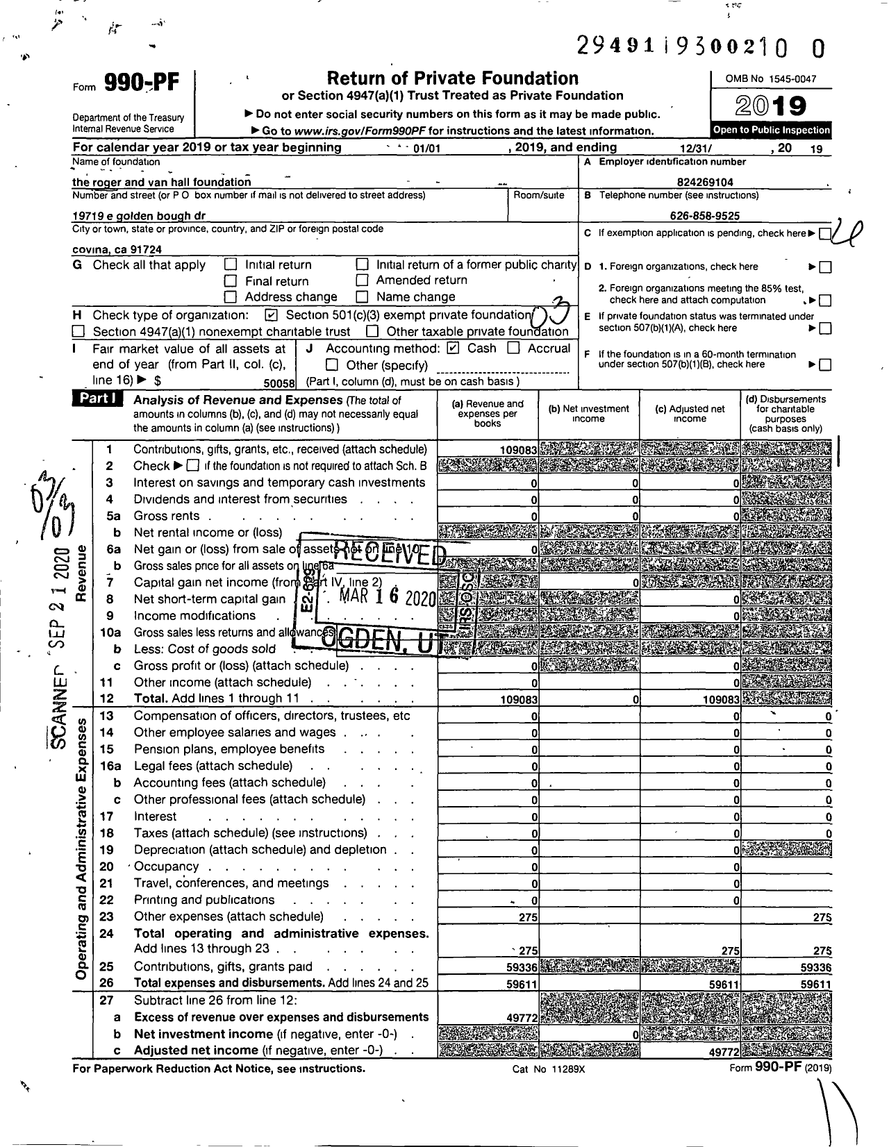 Image of first page of 2019 Form 990PR for Roger and Van Hall Foundation