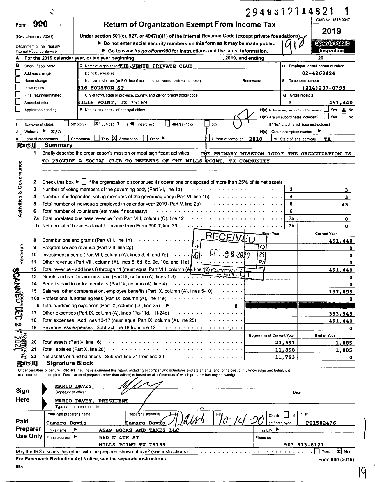 Image of first page of 2019 Form 990O for The Venue Private Club