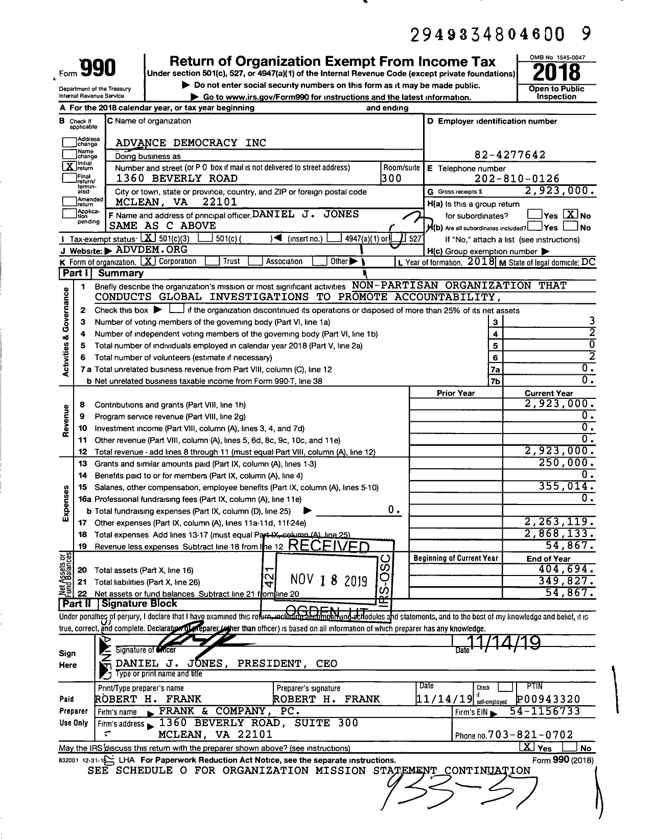 Image of first page of 2018 Form 990 for Advance Democracy