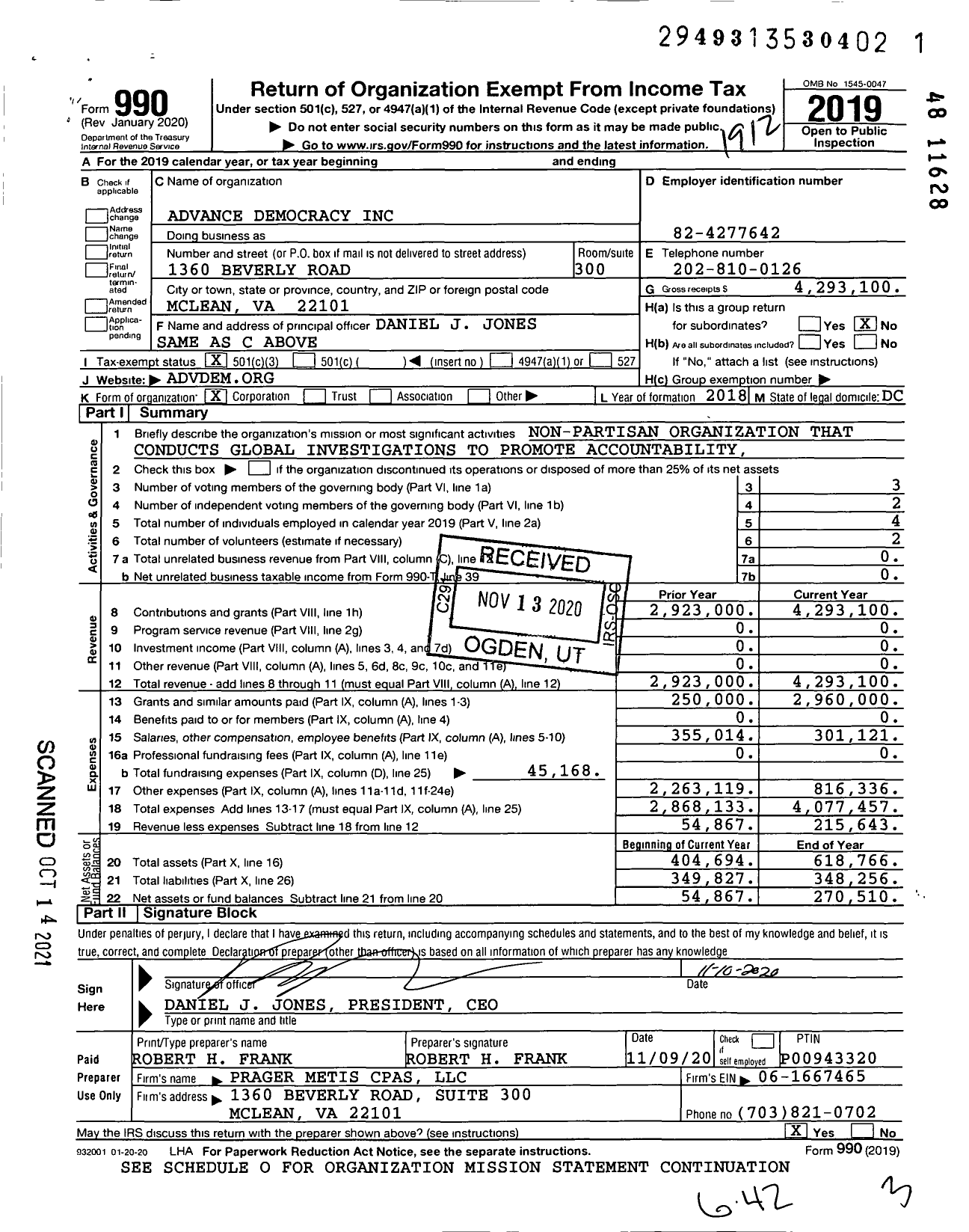 Image of first page of 2019 Form 990 for Advance Democracy