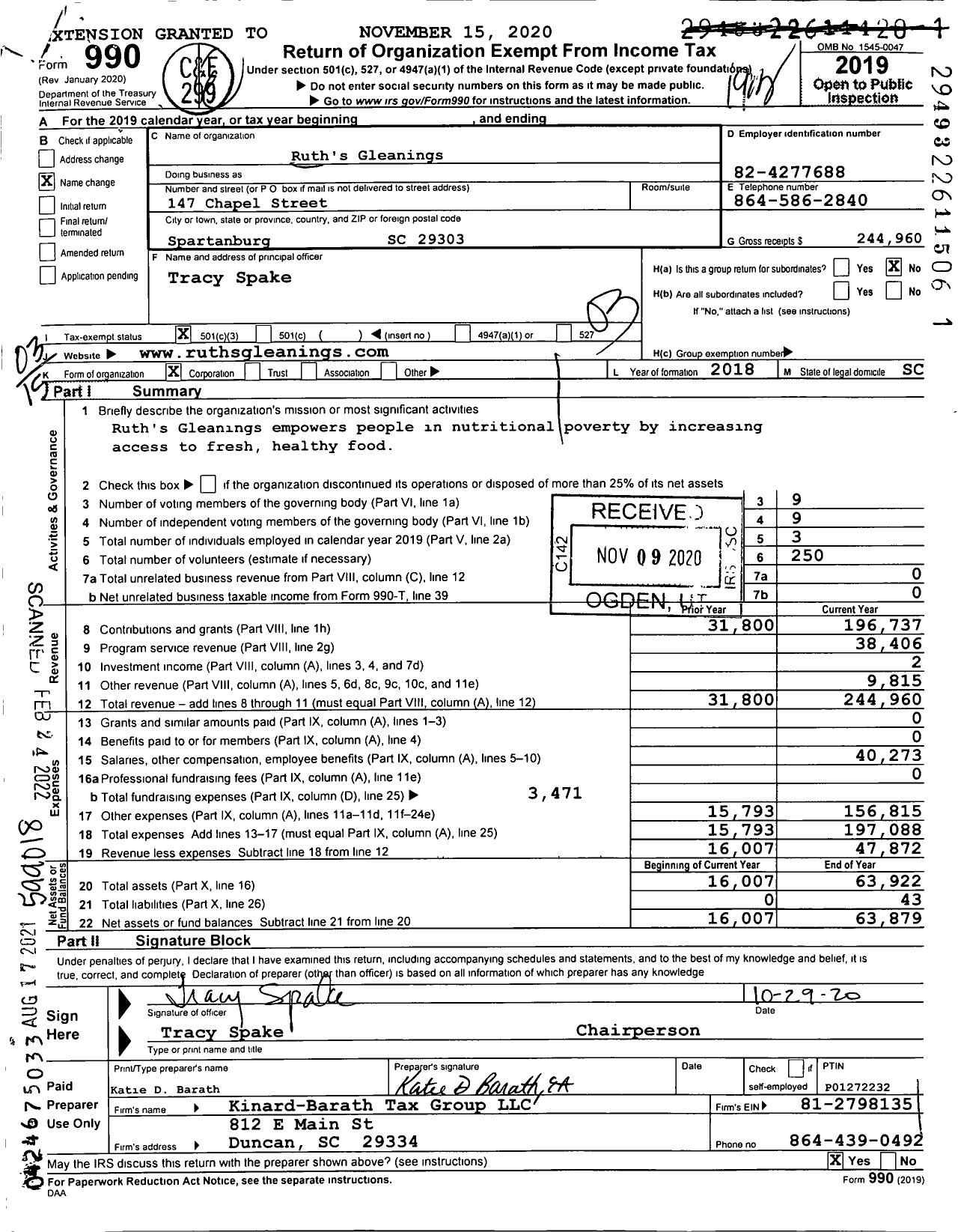 Image of first page of 2019 Form 990 for Ruth's Gleanings