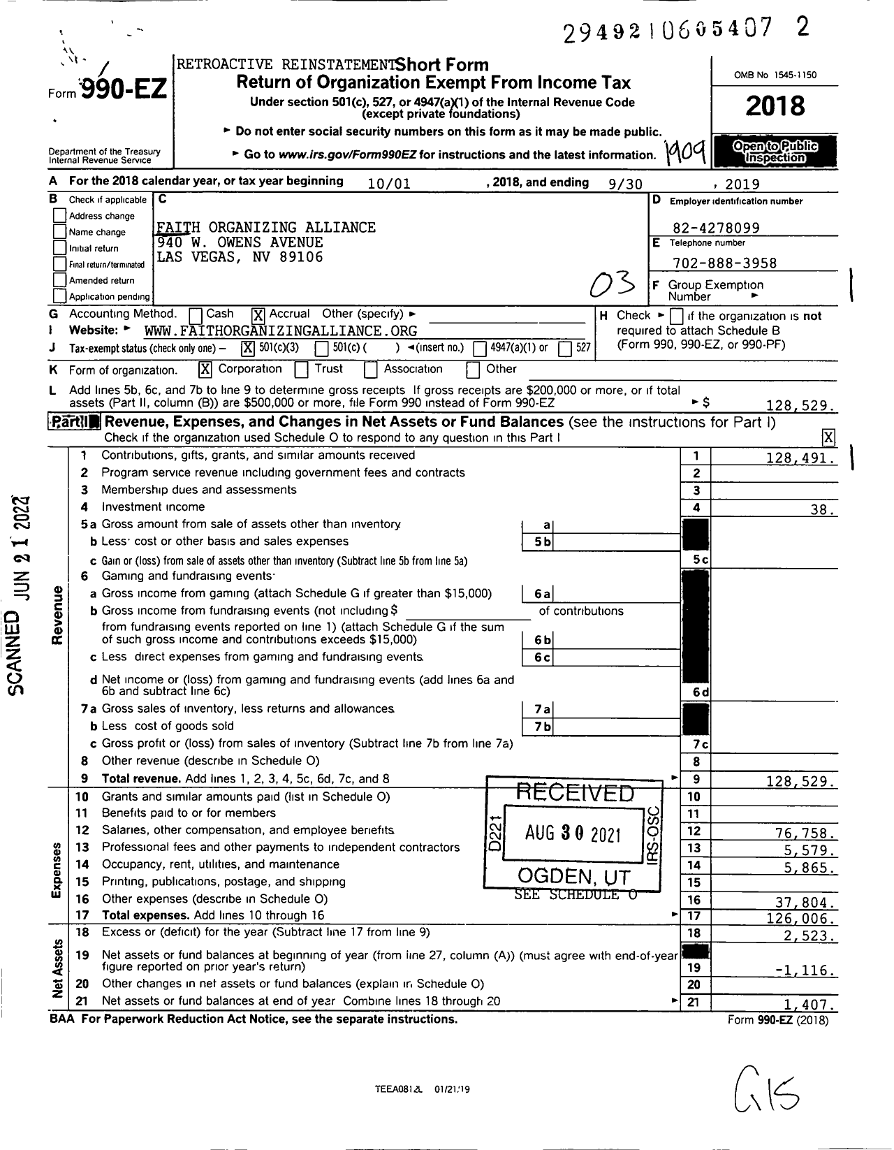 Image of first page of 2018 Form 990EZ for Faith Organizing Alliance