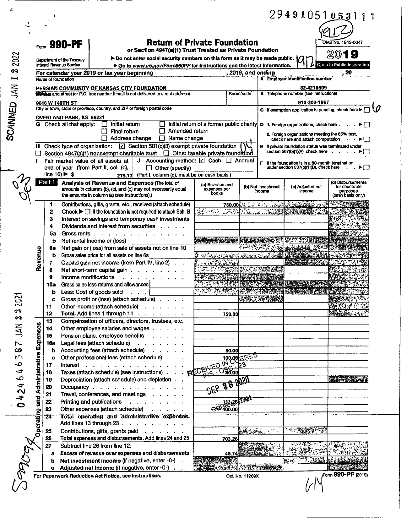 Image of first page of 2019 Form 990PF for Persian Community of Kansas City Foundation