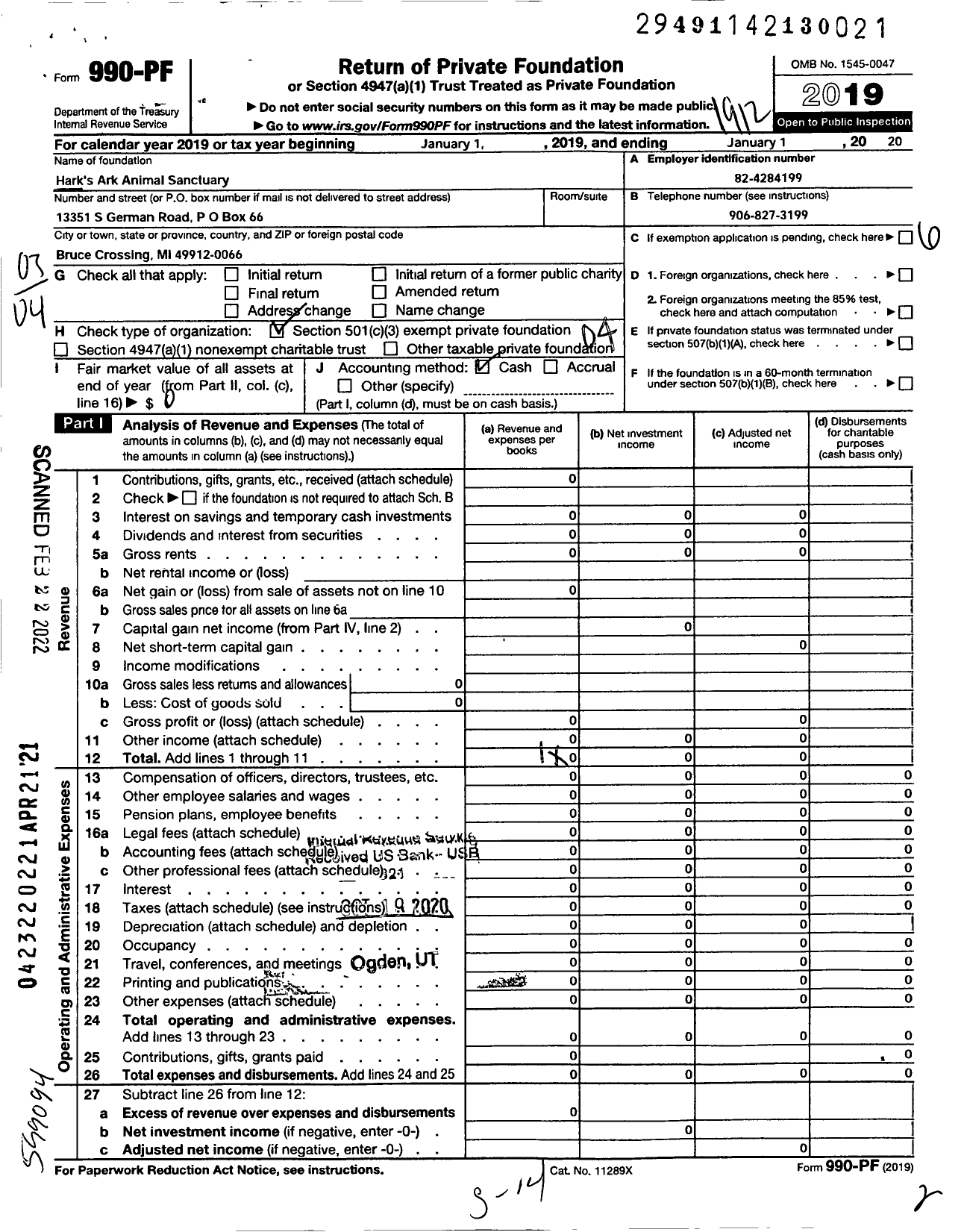 Image of first page of 2019 Form 990PF for Harks Ark Animal Sanctuary