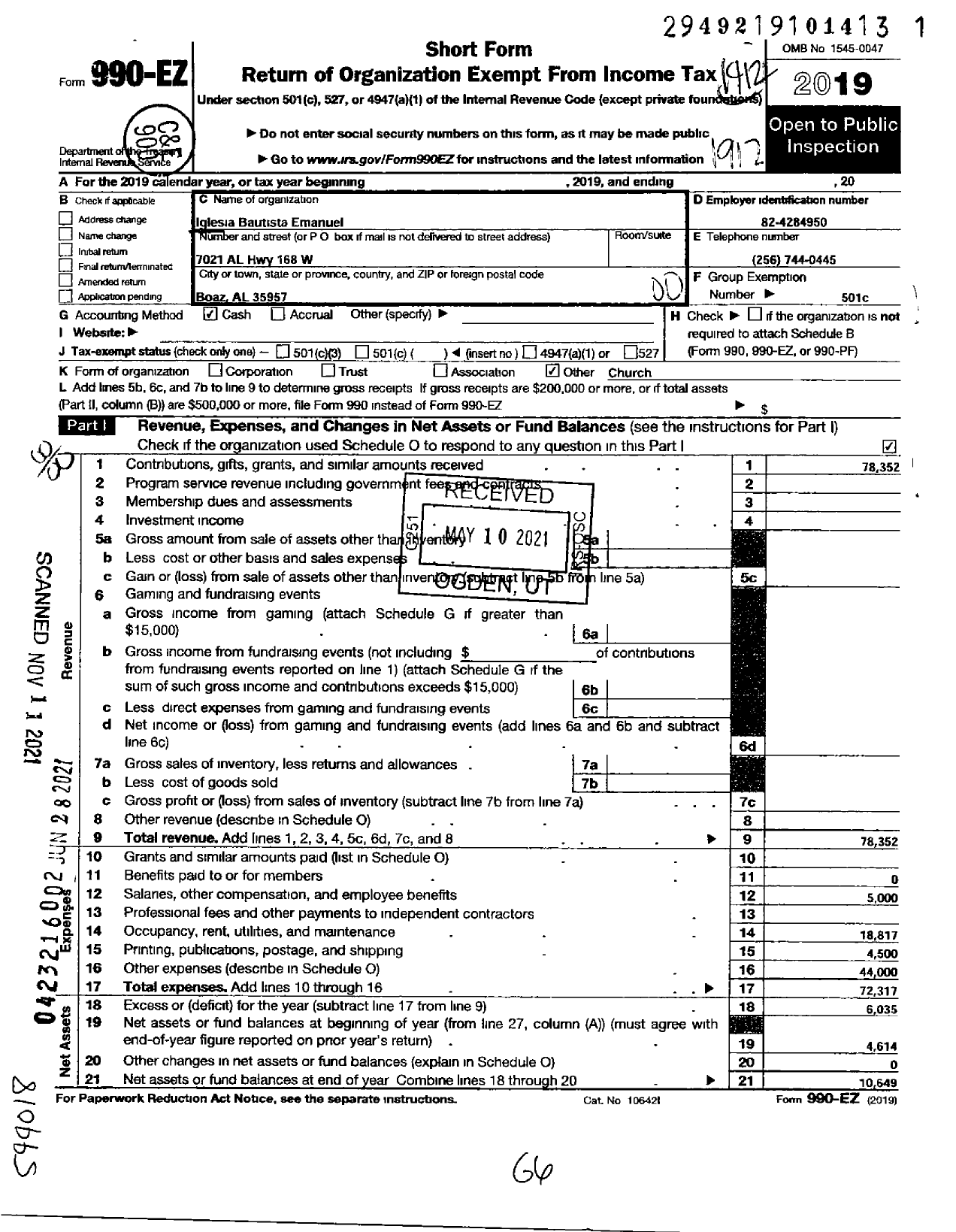 Image of first page of 2019 Form 990EO for Iglesia Bautista Emanuel