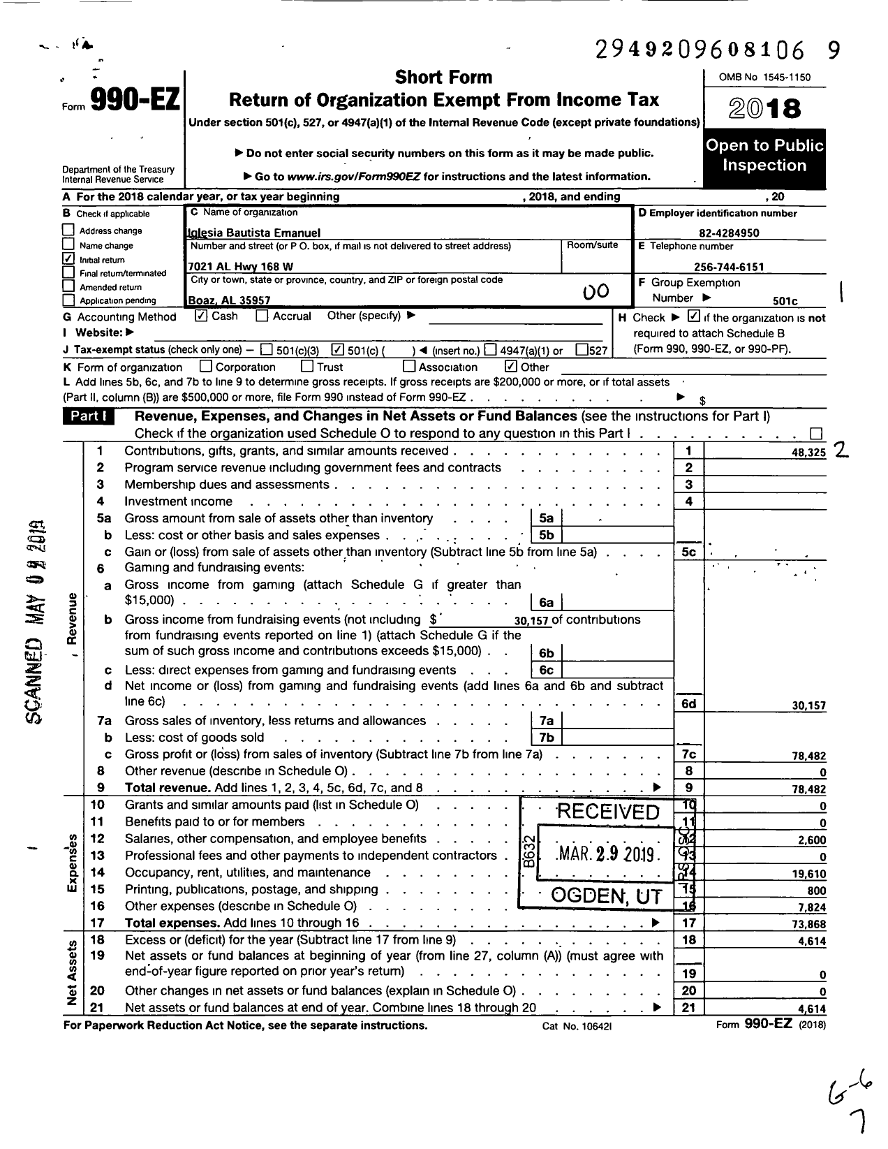 Image of first page of 2018 Form 990EO for Iglesia Bautista Emanuel