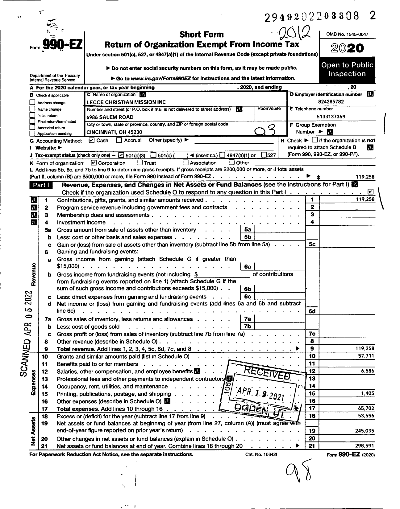 Image of first page of 2020 Form 990EZ for Lecce Christian Mission