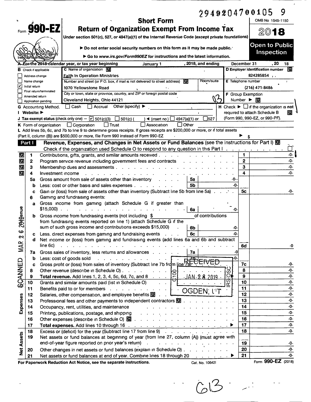 Image of first page of 2018 Form 990EZ for Faith in Operation Ministries