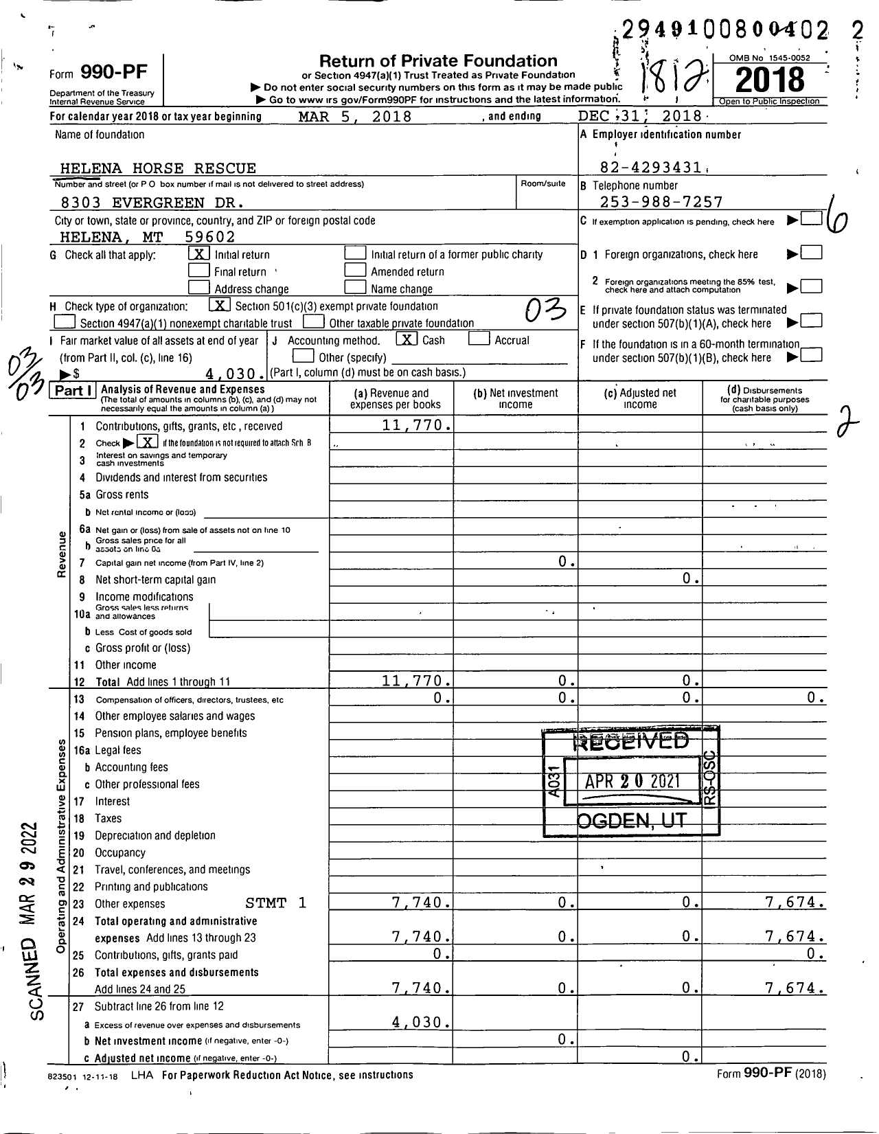 Image of first page of 2018 Form 990PF for Helena Horse Rescue