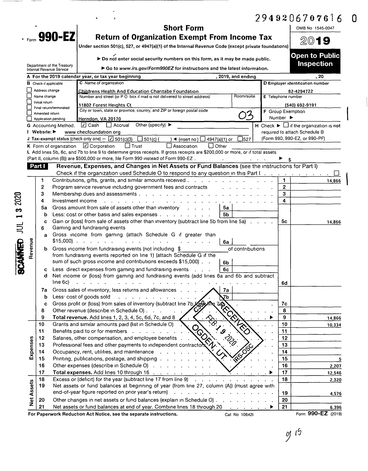 Image of first page of 2019 Form 990EZ for Childrens Health and Education Charitable Foundation