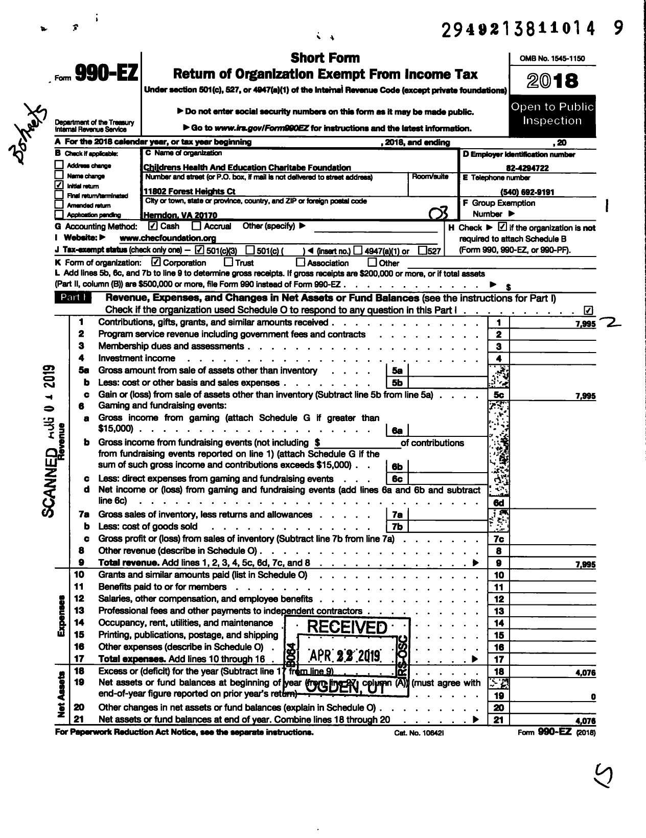 Image of first page of 2018 Form 990EZ for Childrens Health and Education Charitable Foundation