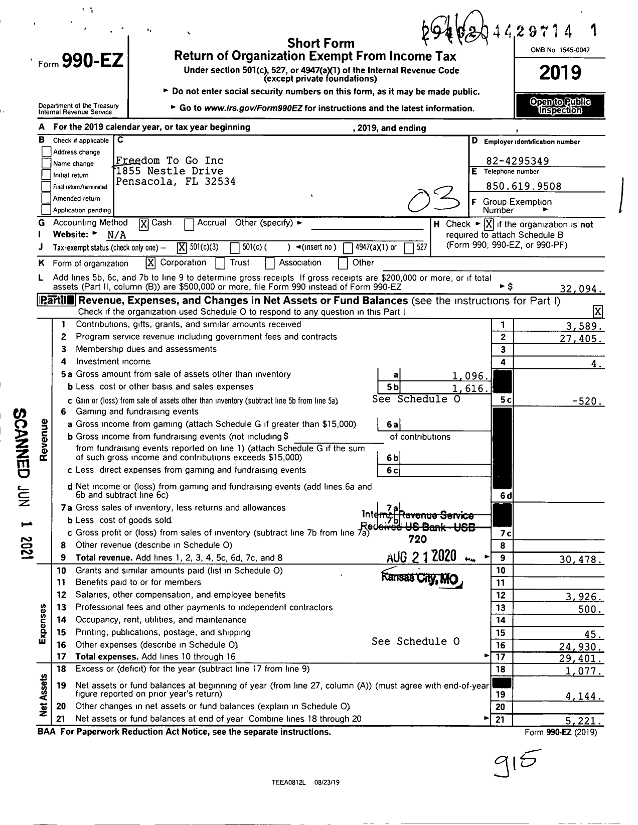 Image of first page of 2019 Form 990EZ for Freedom To Go