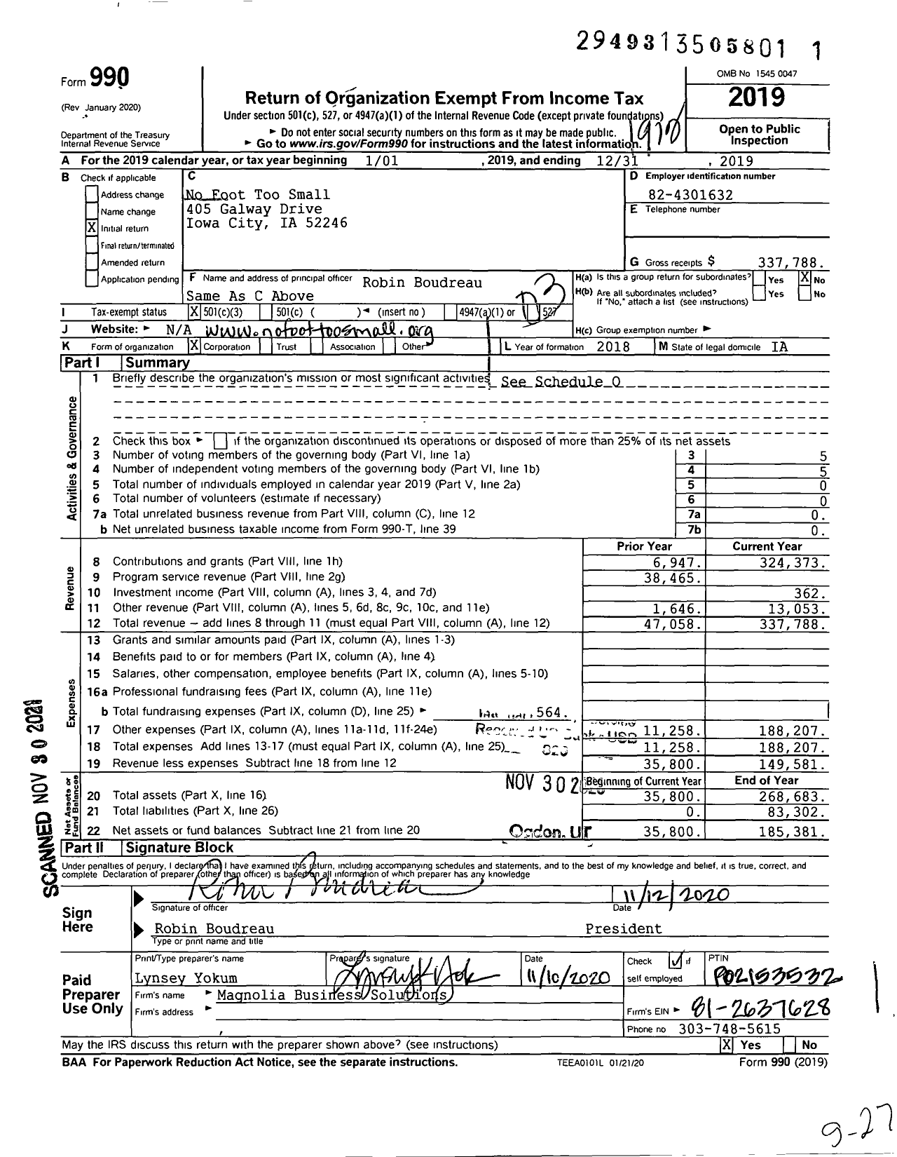 Image of first page of 2019 Form 990 for No Foot Too Small
