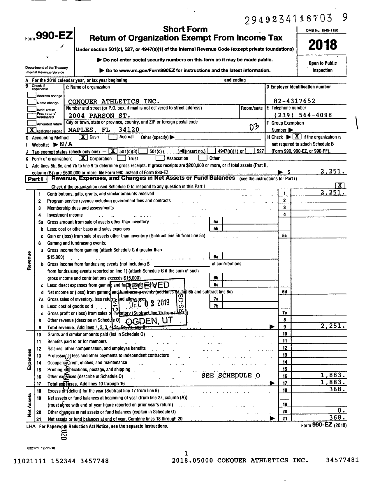 Image of first page of 2018 Form 990EZ for Conquer Athletics