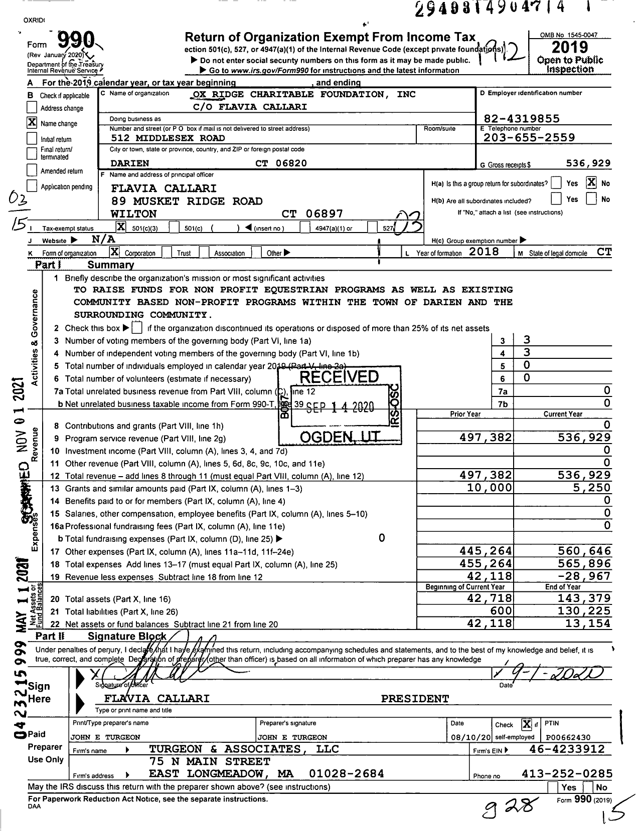 Image of first page of 2019 Form 990 for Ox Ridge Charitable Foundation