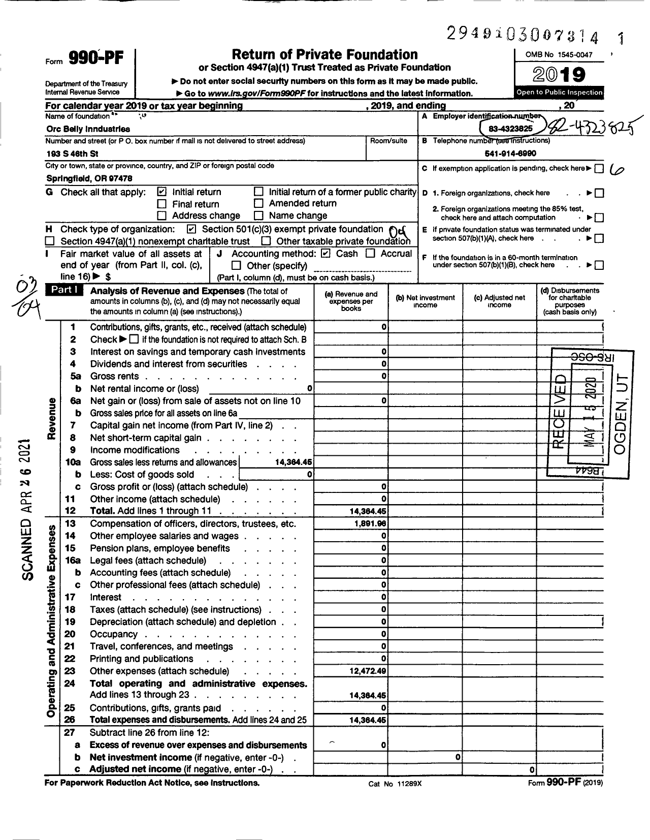 Image of first page of 2019 Form 990PF for Orcbelly Inndustries