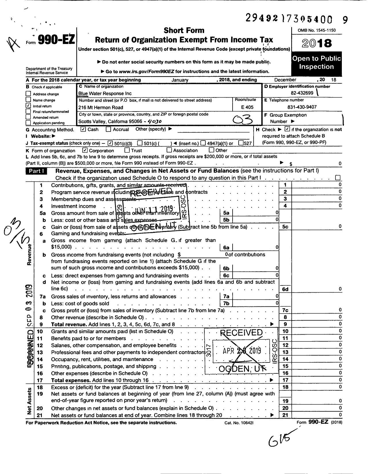 Image of first page of 2018 Form 990EZ for Blue Water Response