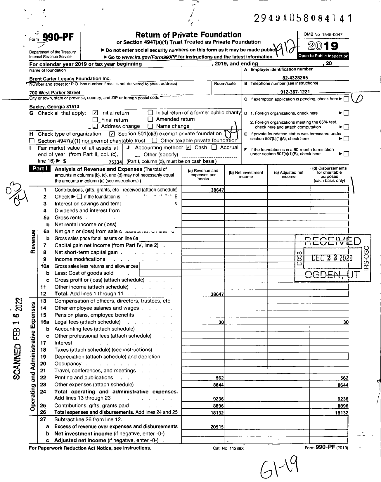 Image of first page of 2019 Form 990PF for Brent Carter Legacy Foundation