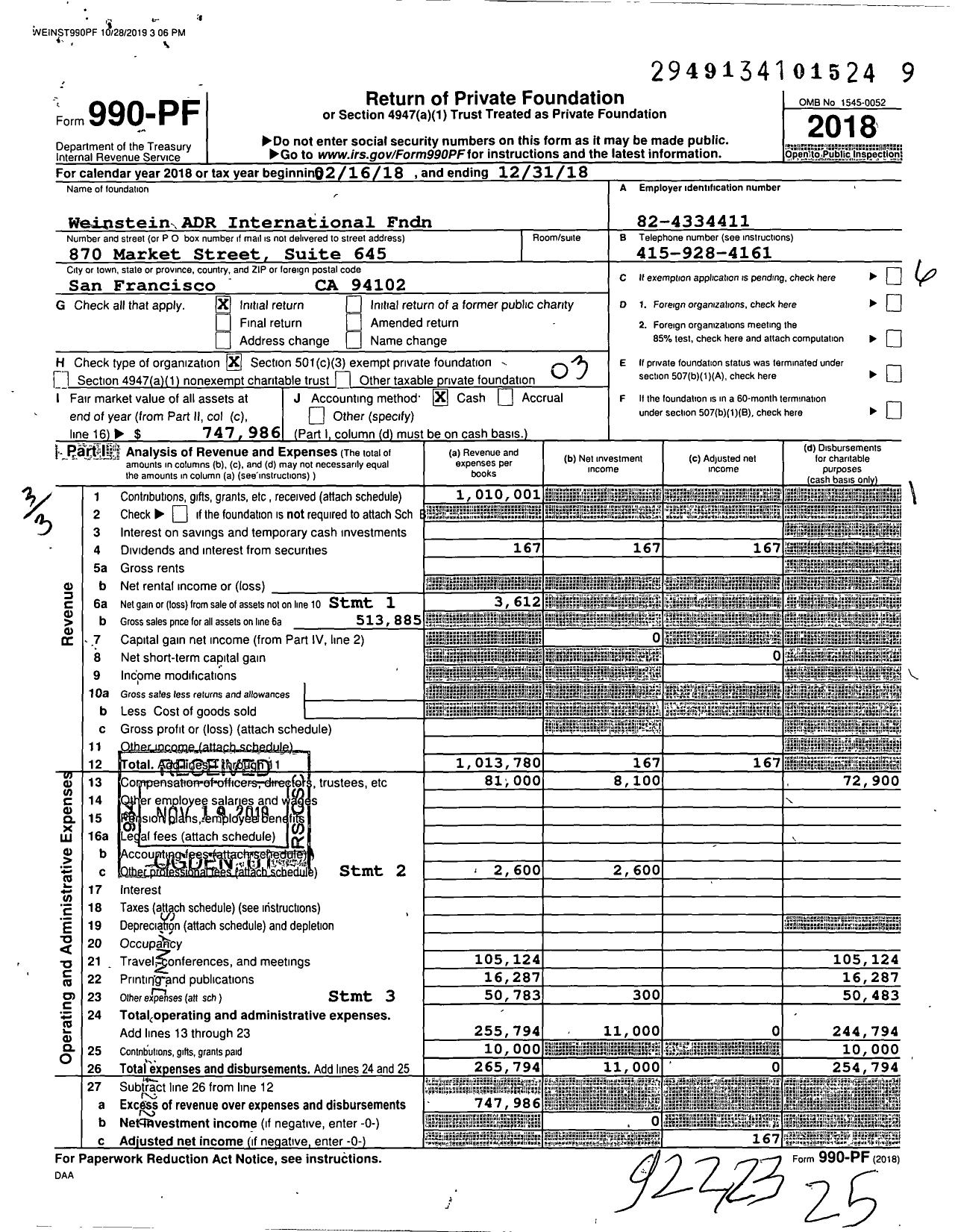 Image of first page of 2018 Form 990PF for Weinstein Adr International FNDN