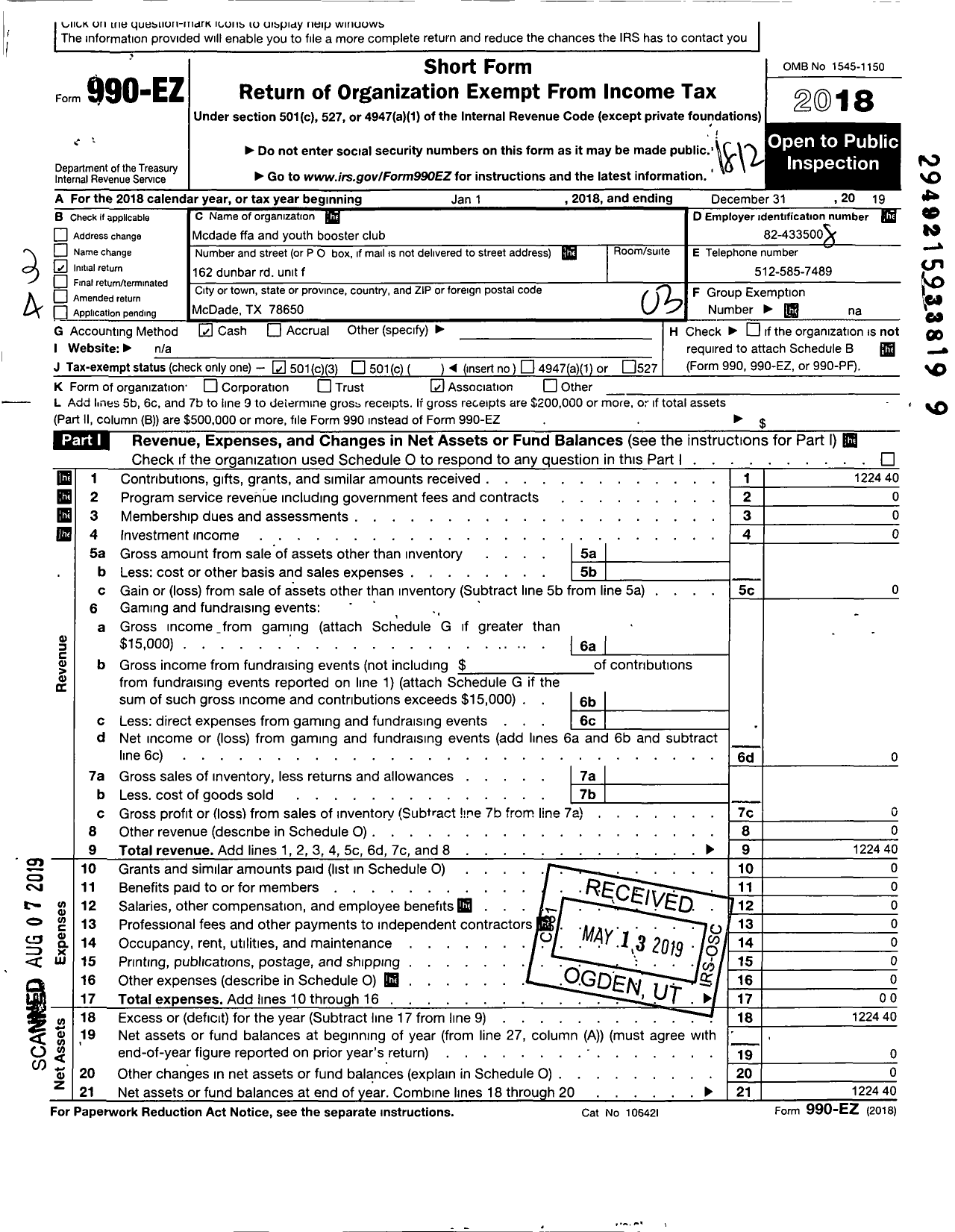 Image of first page of 2018 Form 990EZ for Mcdade Ffa and Youth Booster Club