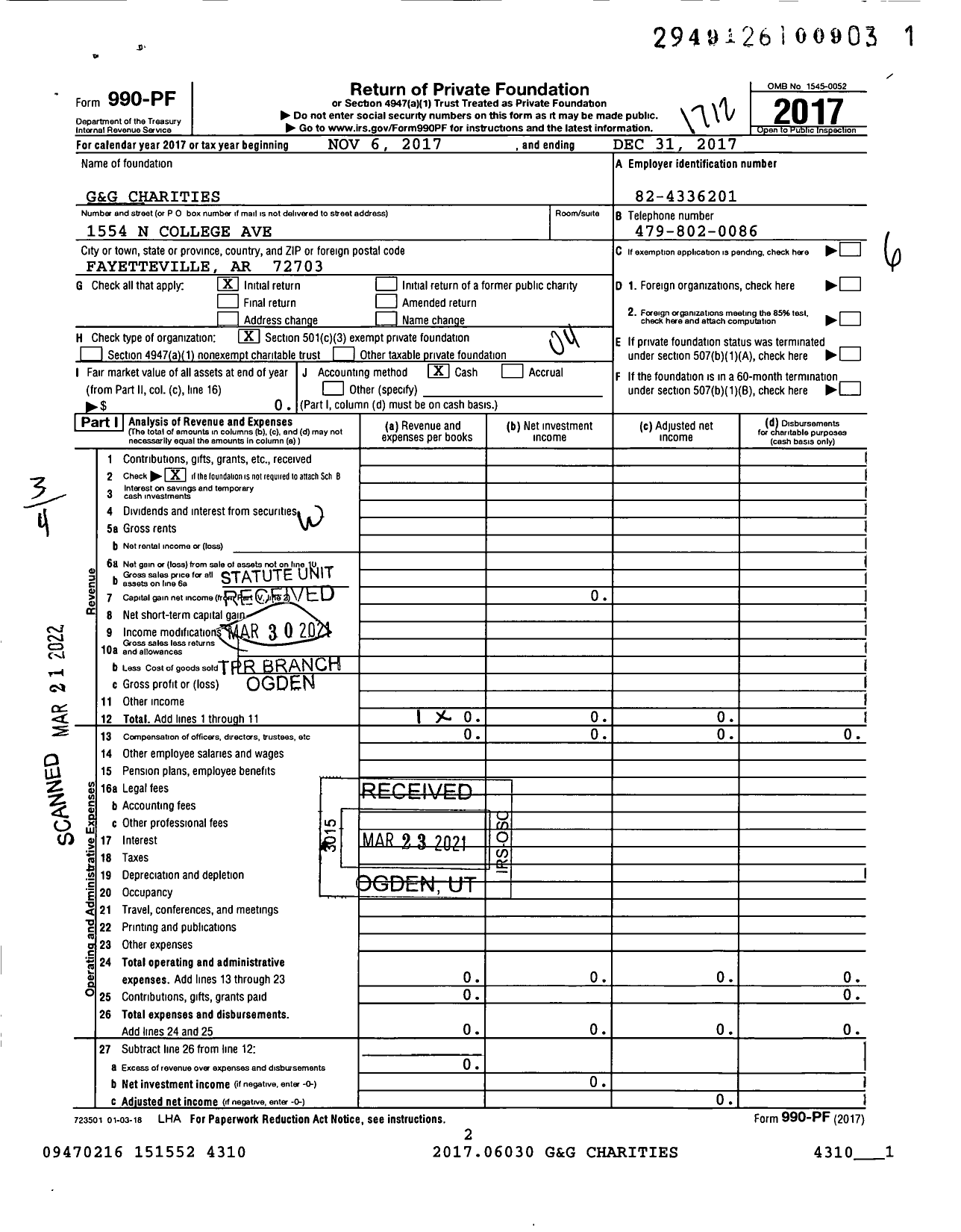 Image of first page of 2017 Form 990PF for G&G Charities
