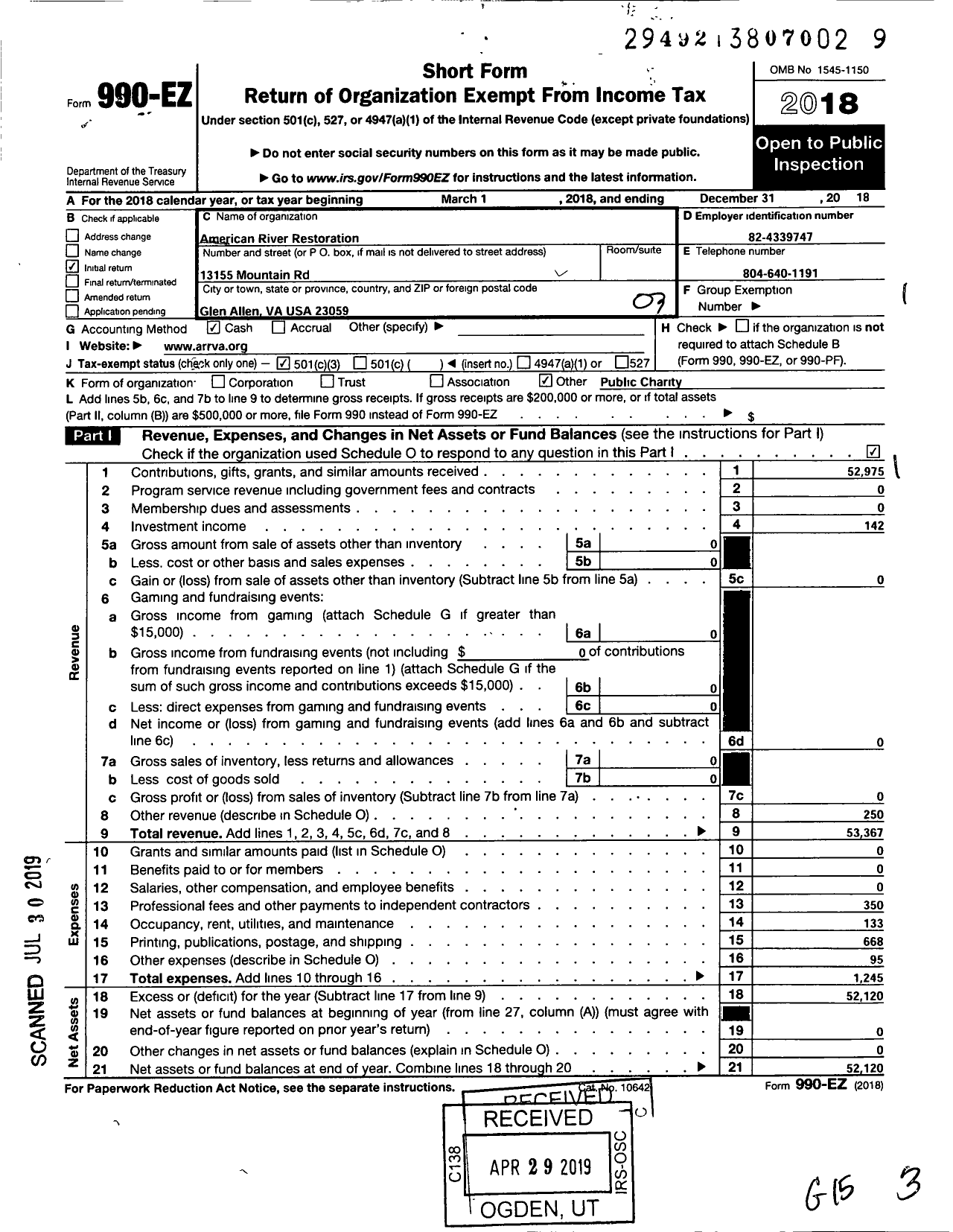 Image of first page of 2018 Form 990EZ for American River Restoration