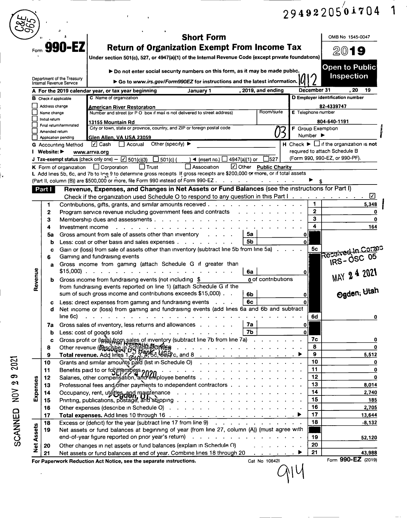 Image of first page of 2019 Form 990EZ for American River Restoration