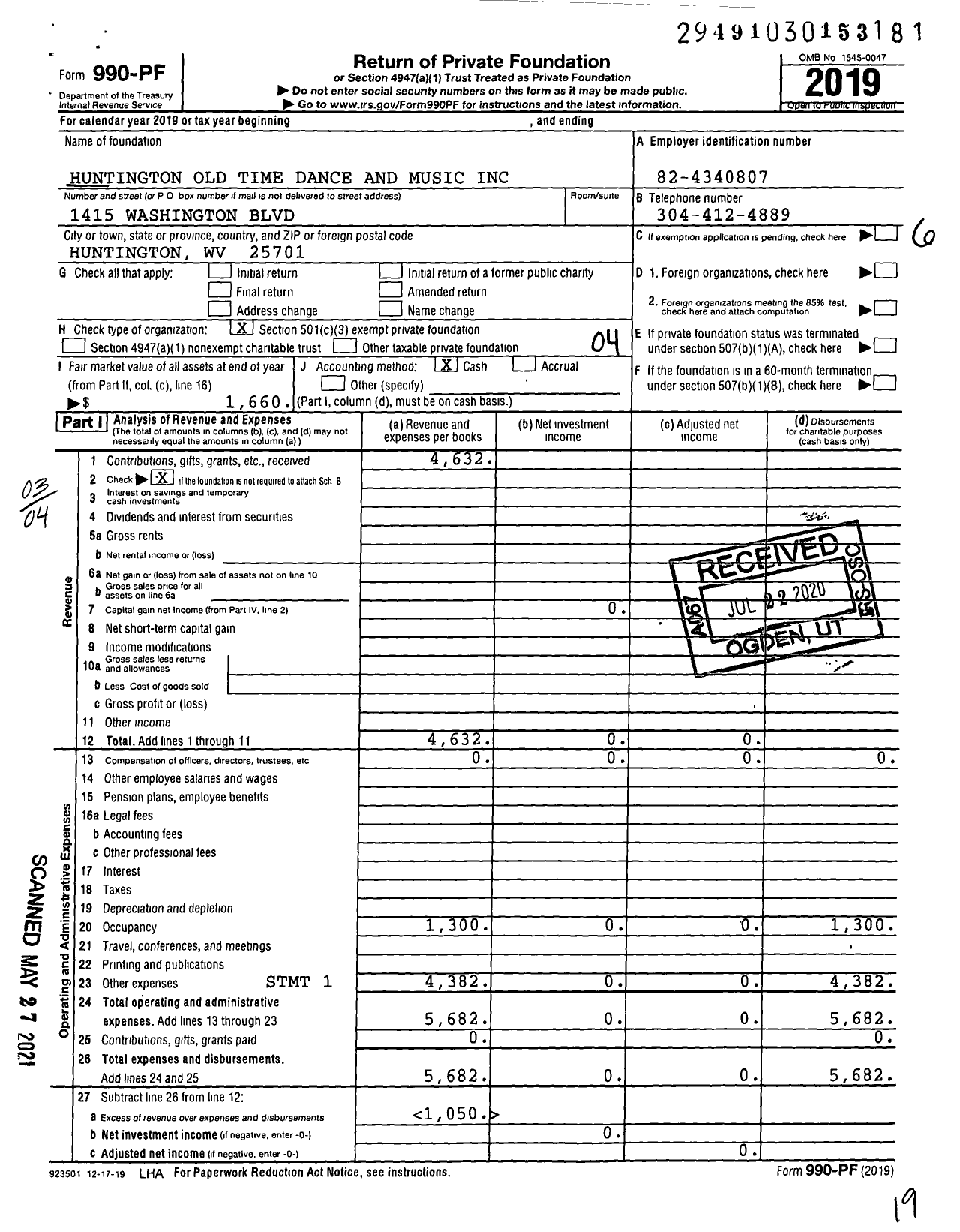 Image of first page of 2019 Form 990PF for Huntington Old Time Dance and Music