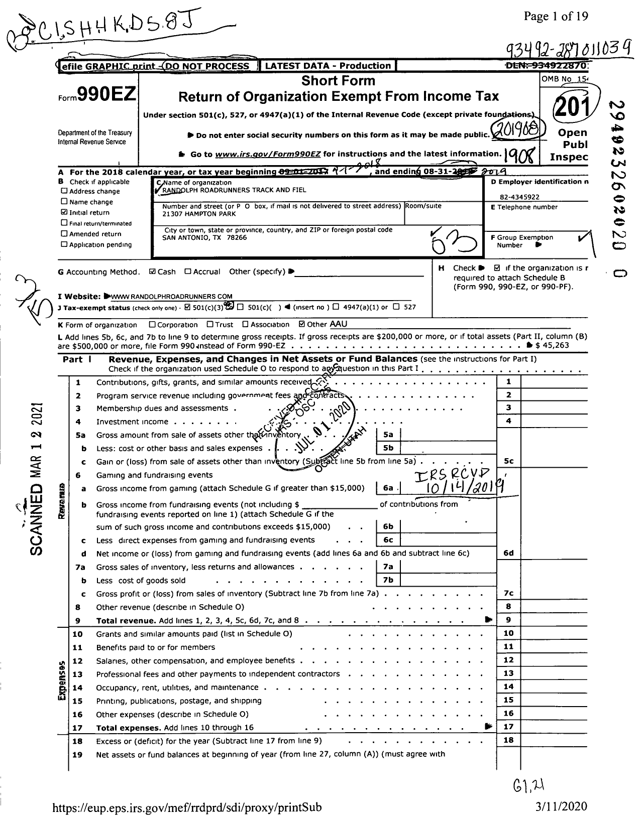 Image of first page of 2018 Form 990EZ for Amateur Athletic Union - Randolph Roadrunners Track and Fiel