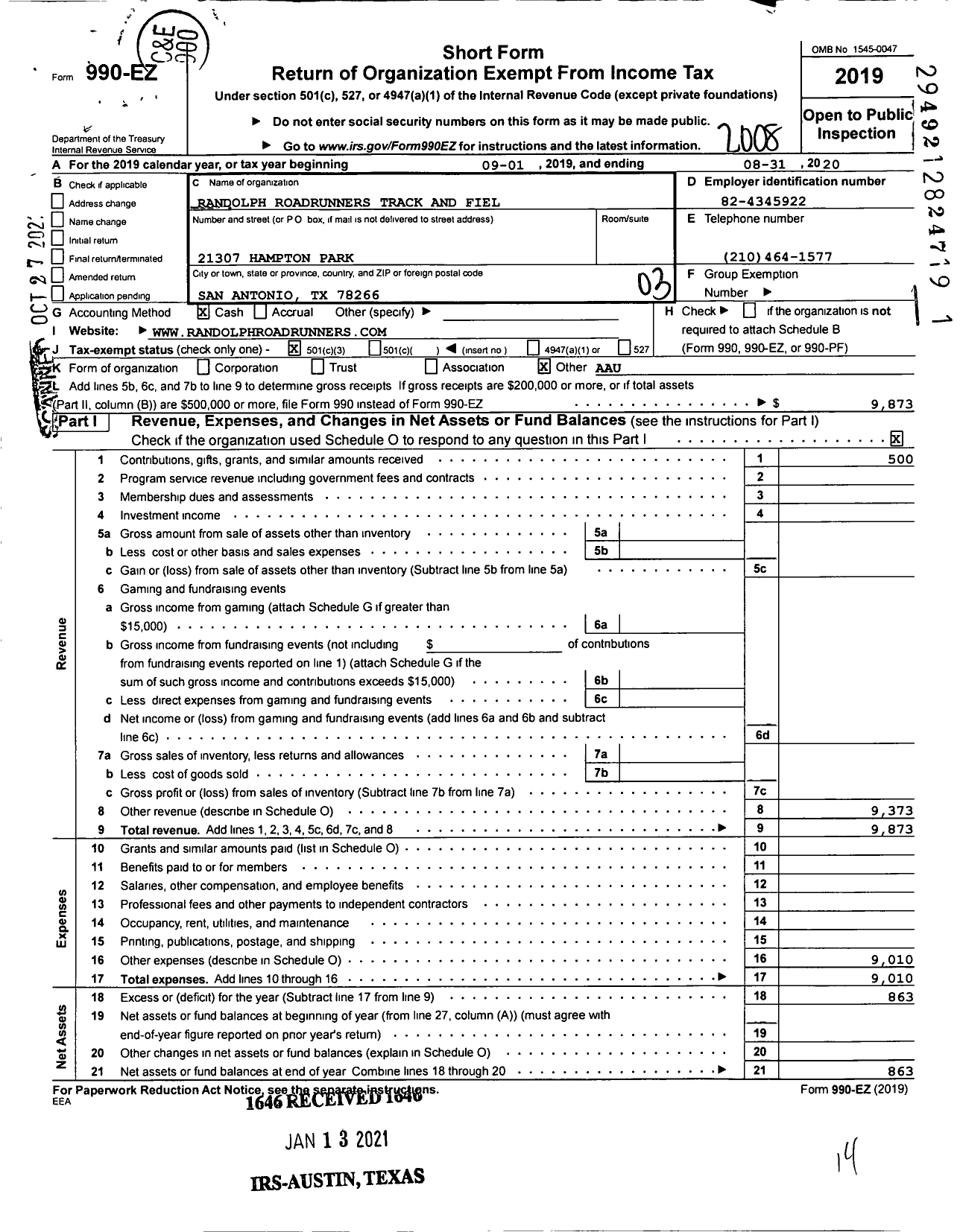 Image of first page of 2019 Form 990EZ for Amateur Athletic Union - Randolph Roadrunners Track and Fiel