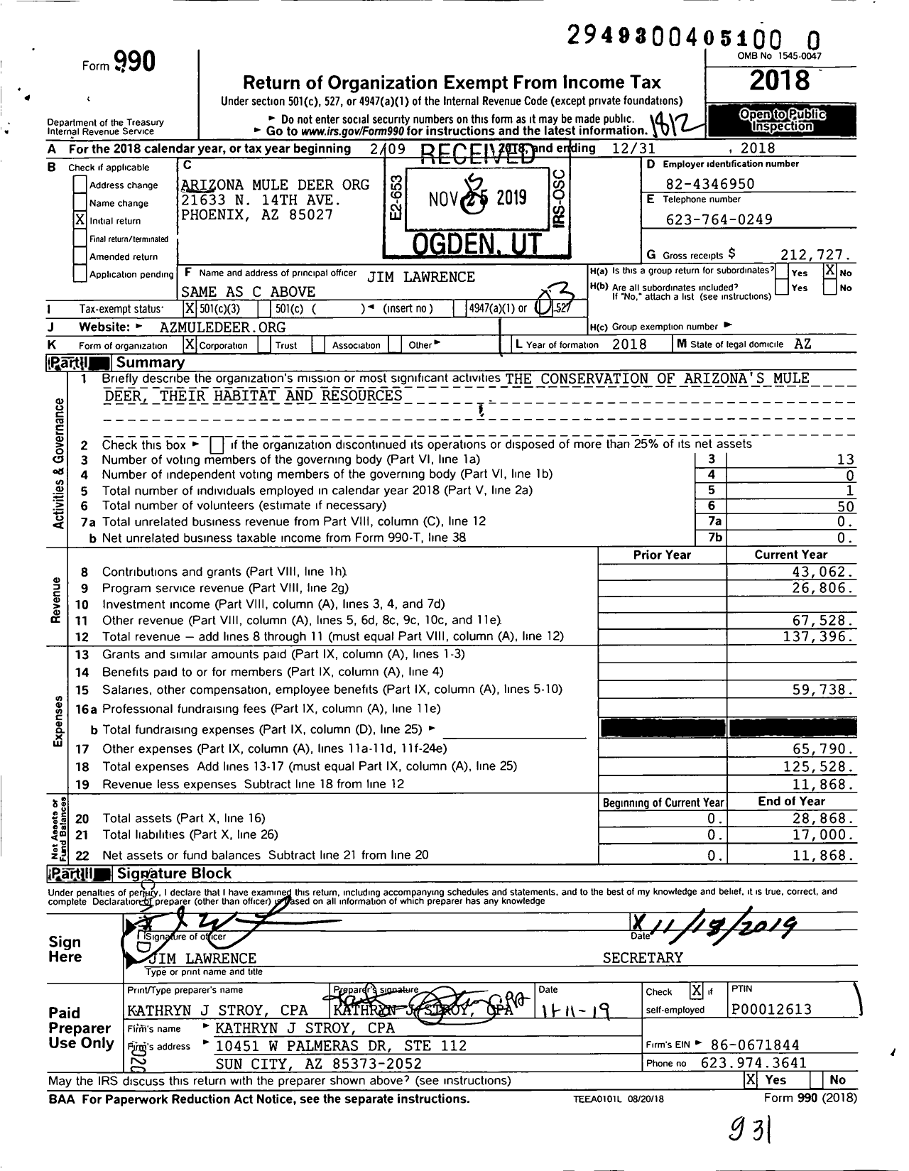 Image of first page of 2018 Form 990 for Arizona Mule Deer