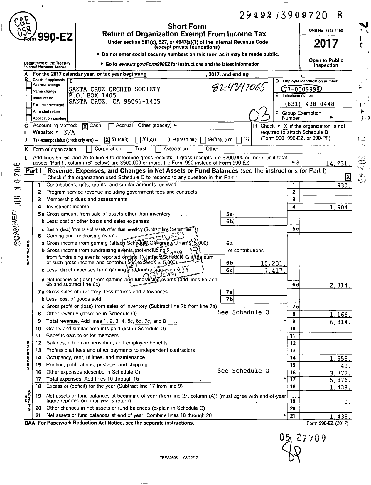 Image of first page of 2017 Form 990EZ for Santa Cruz Orchid Society