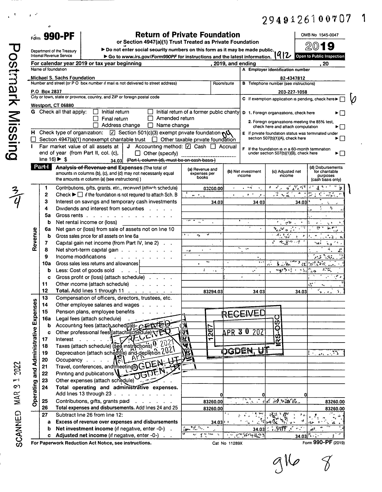 Image of first page of 2019 Form 990PF for Michael S Sachs Foundation