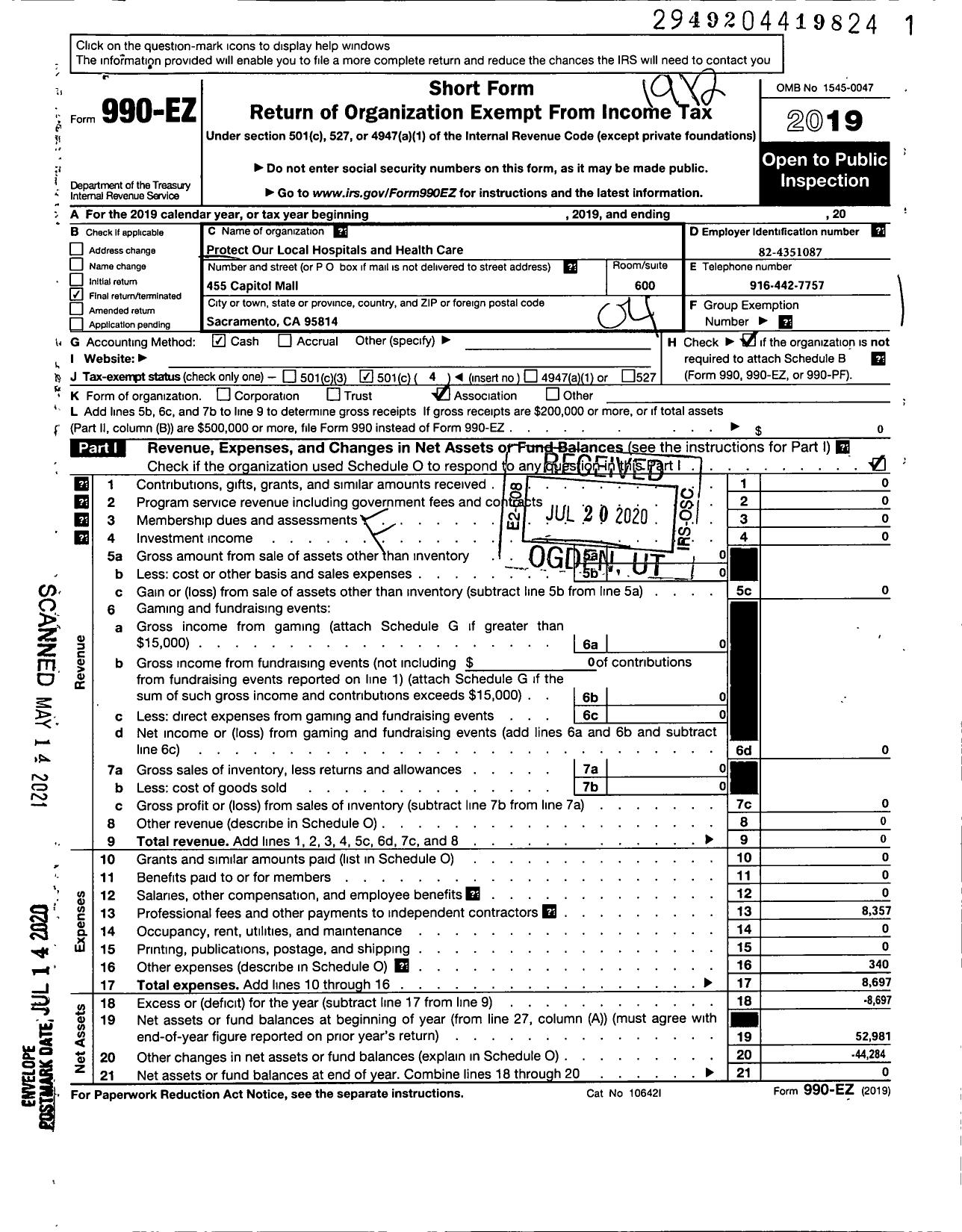 Image of first page of 2019 Form 990EO for Protect our Local Hospitals and Health Care