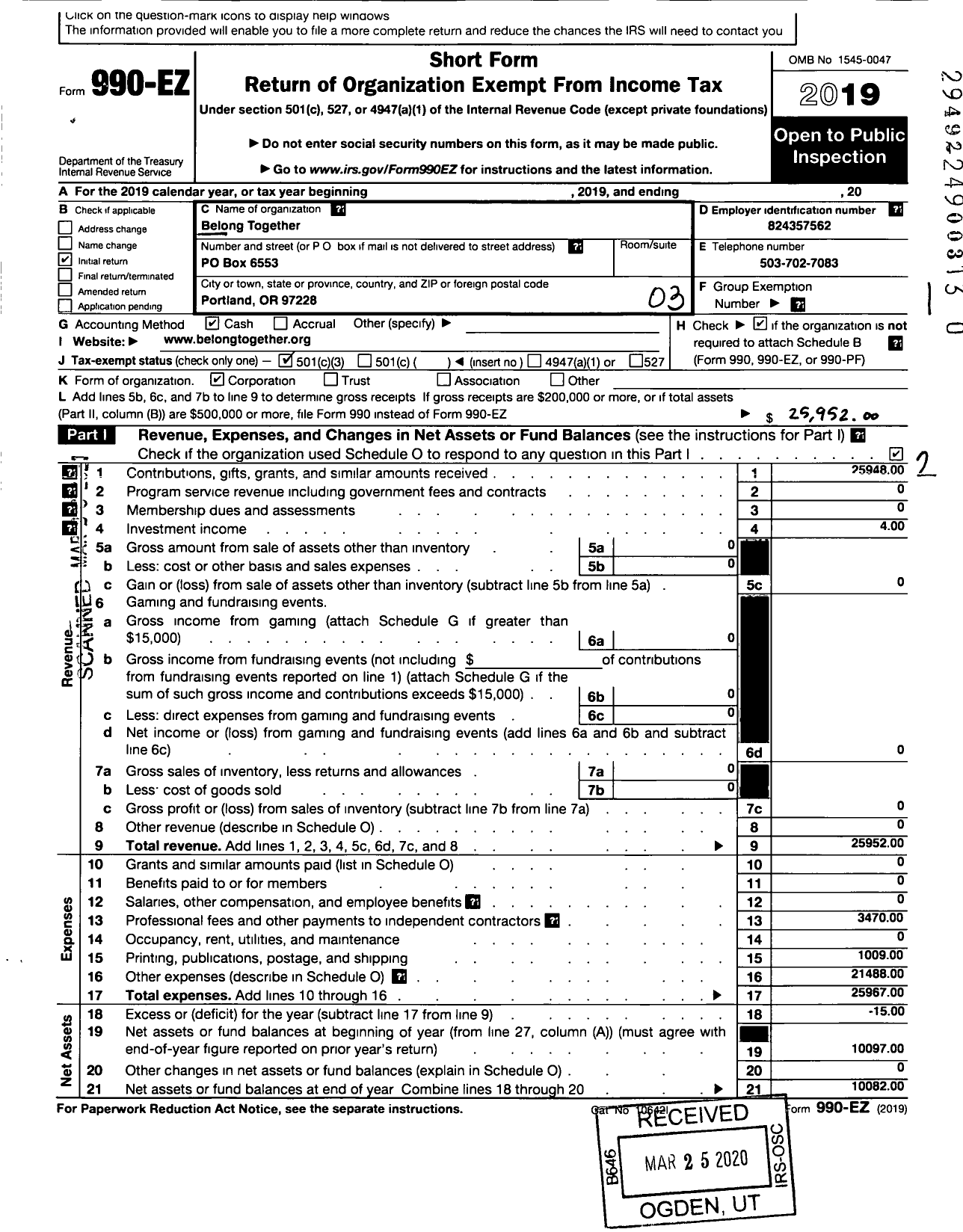 Image of first page of 2019 Form 990EZ for Belong Together