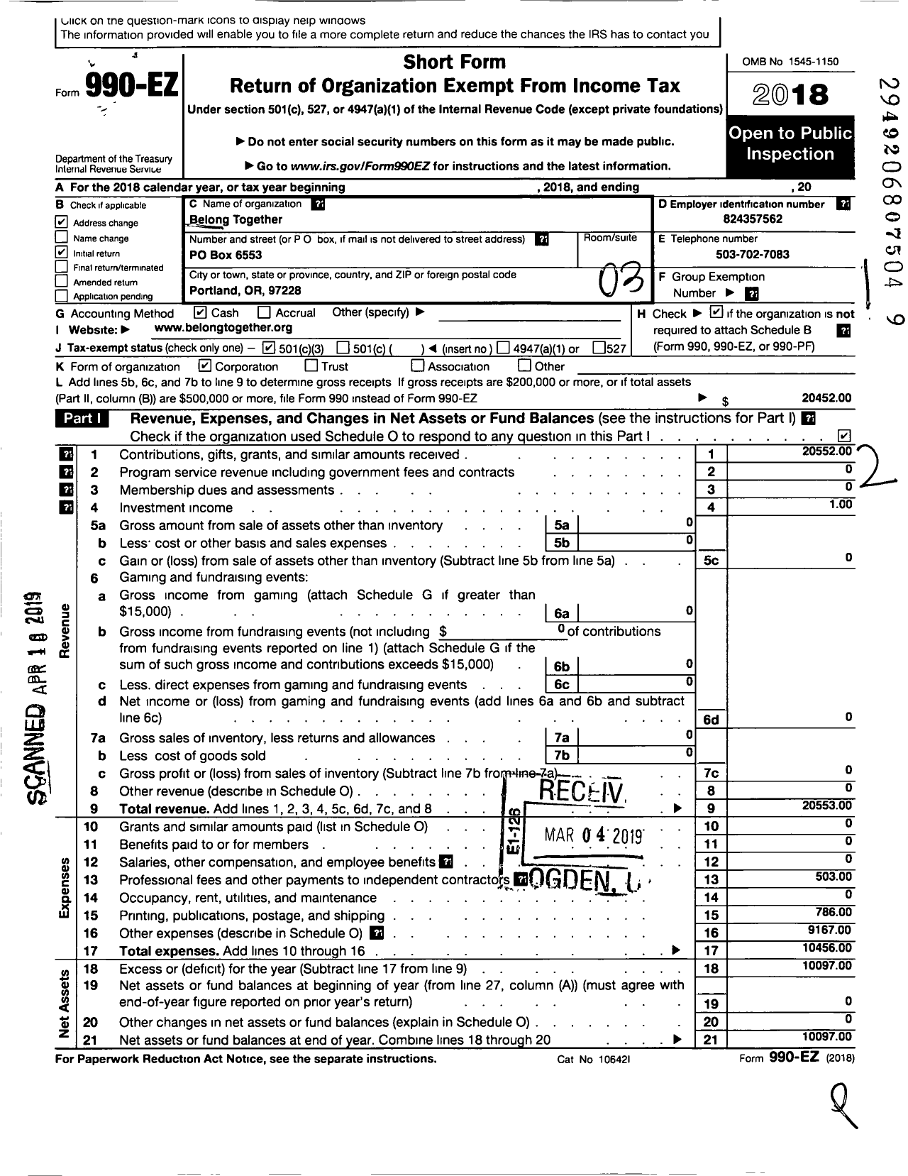 Image of first page of 2018 Form 990EZ for Belong Together