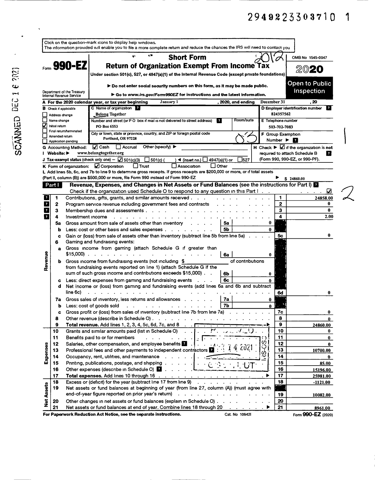 Image of first page of 2020 Form 990EZ for Belong Together