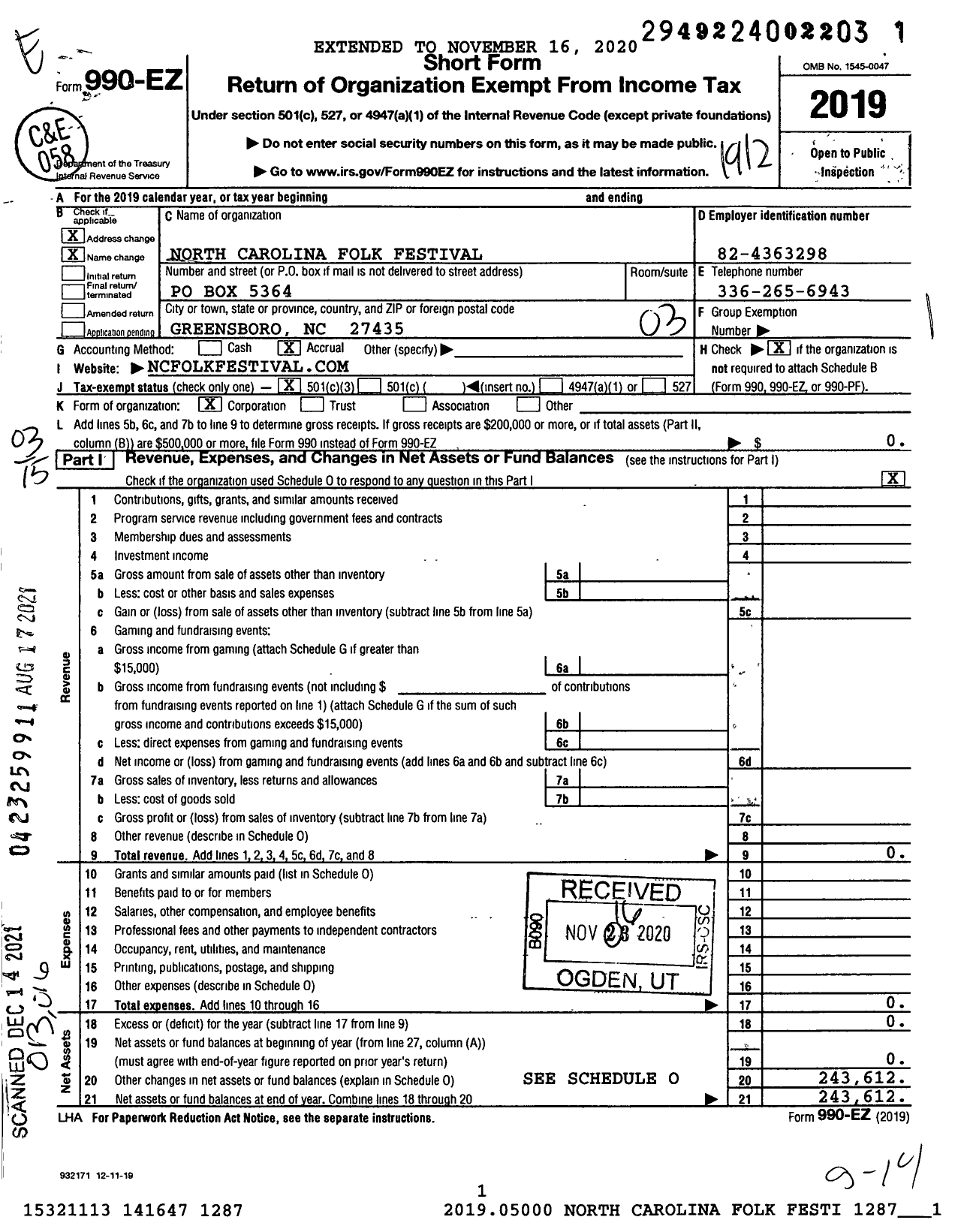 Image of first page of 2019 Form 990EZ for North Carolina Folk Festival