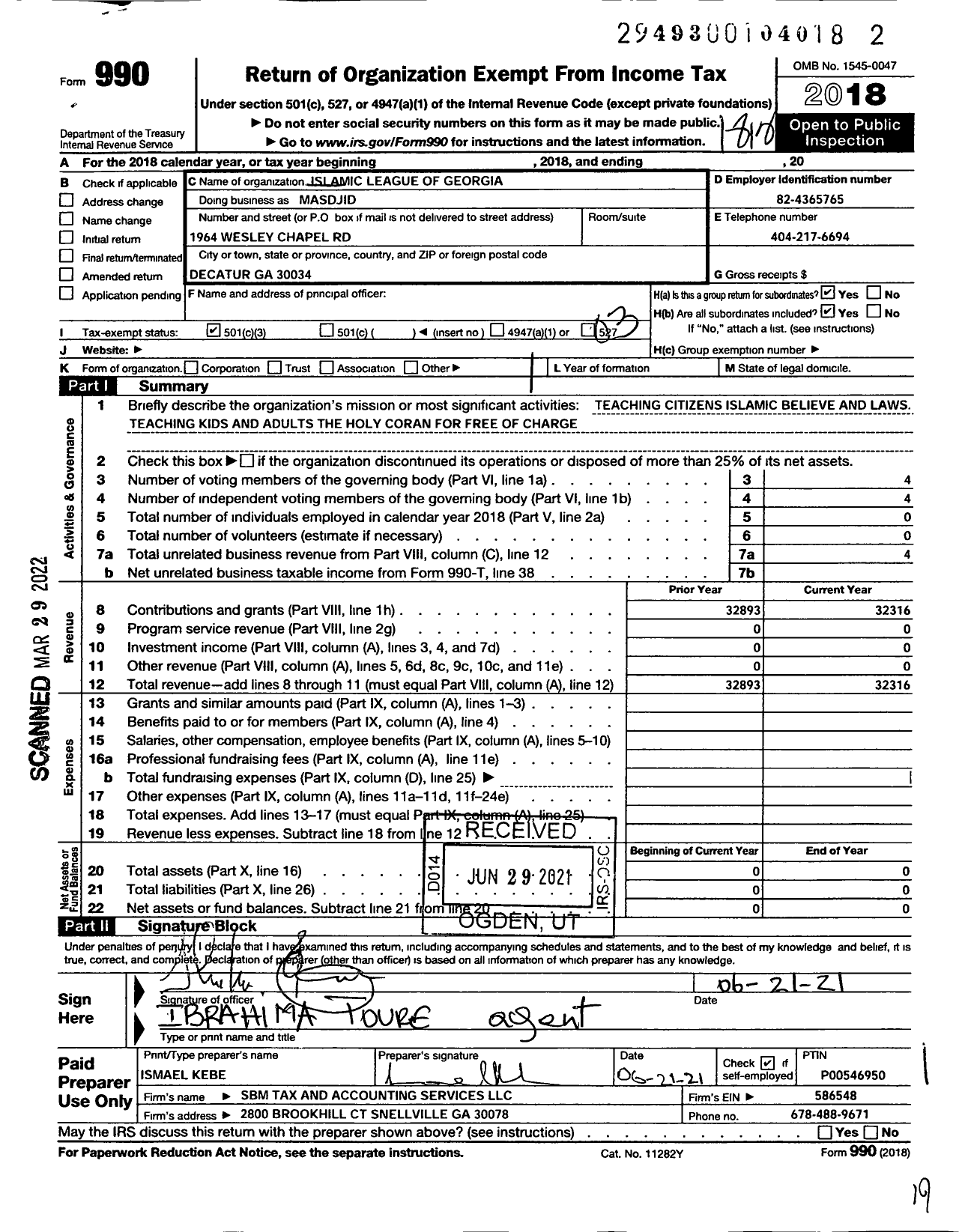 Image of first page of 2018 Form 990 for Islamic League Of Georgia