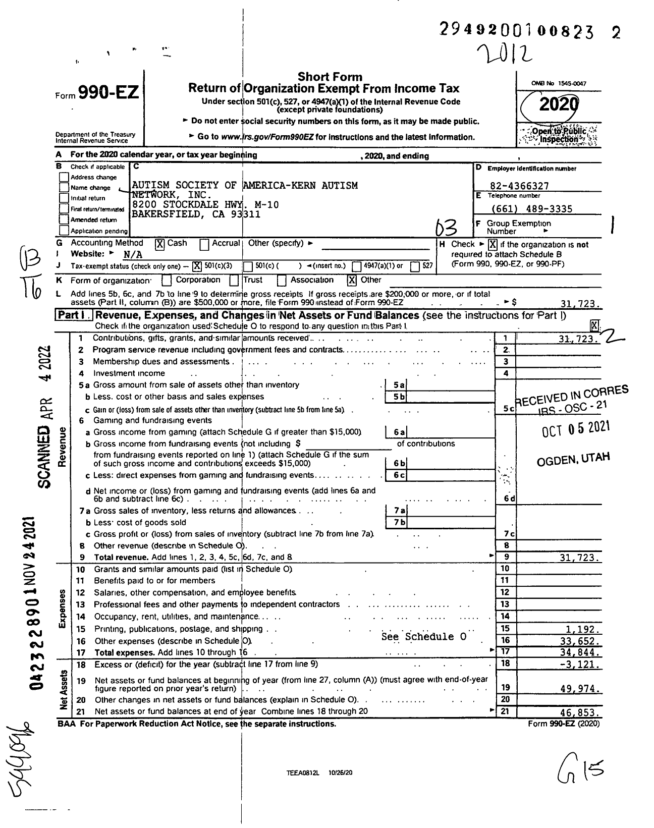 Image of first page of 2020 Form 990EZ for Kern Autism Network