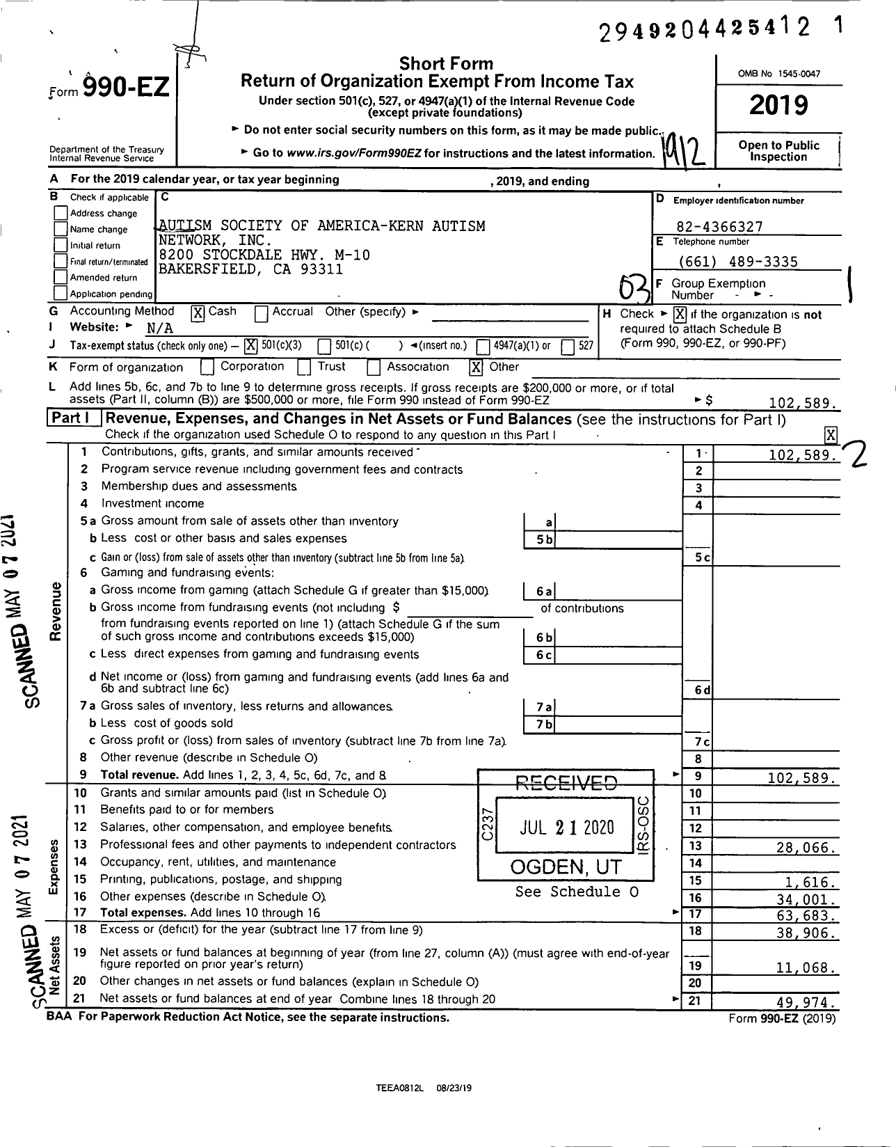 Image of first page of 2019 Form 990EZ for Kern Autism Network