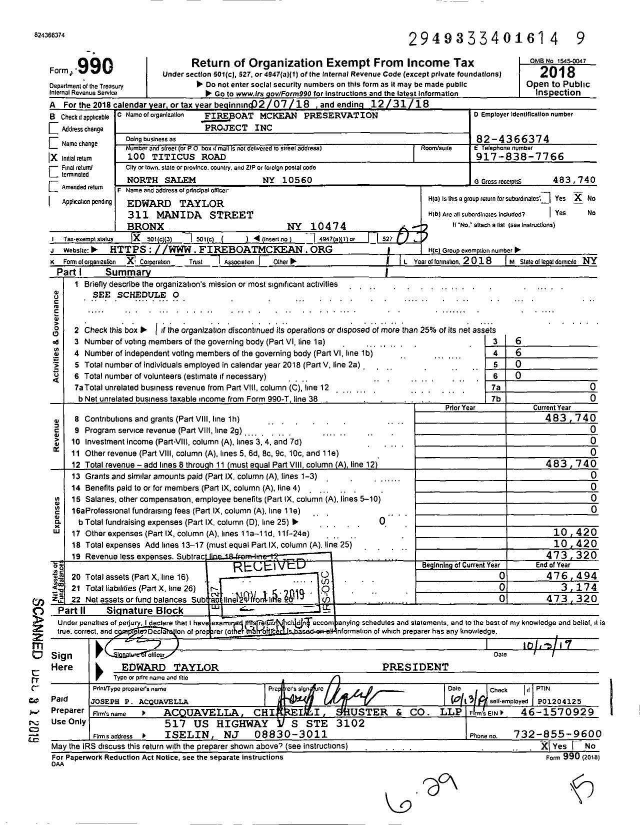 Image of first page of 2018 Form 990 for Fireboat Mckean Preservation