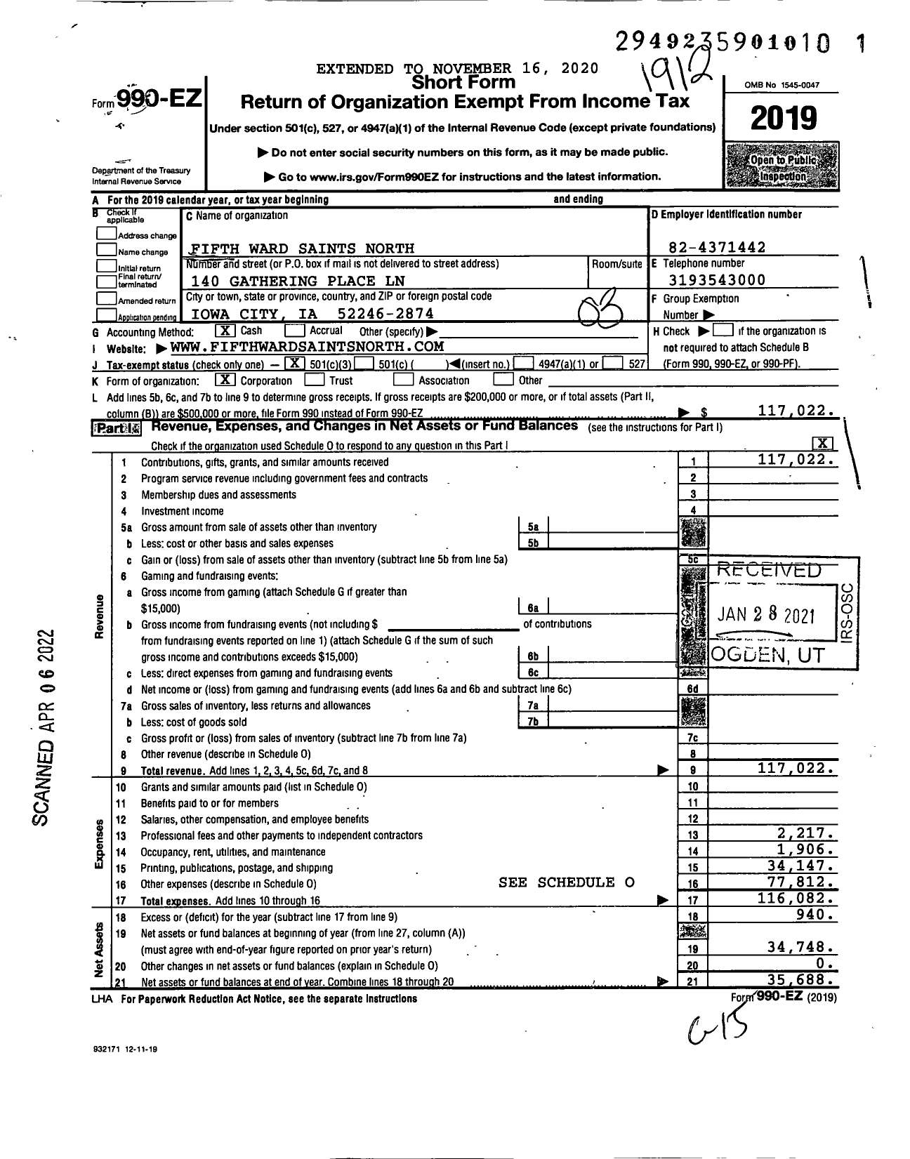 Image of first page of 2019 Form 990EZ for Fifth Ward Saints North